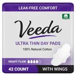 Veeda Natural Cotton Day Pads for Women - Heavy Flow Absorbent Ultra-Thin Feminine Pads with Wings - Hypoallergenic Period pads - Unscented & Chlorine free Sanitary Napkins - 42 Count