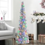 5Ft/1.5M Pop Up Collapsible Christmas Tree with Lights, Silver Tinsel Skinny Pencil Artificial Tree For Holiday, Home, Office Decoration