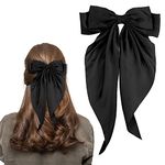 Bow Hair Clip, Hair Bows for Women Big Bowknot Hairpin French Hair Clips with Long Ribbon Solid Color Hair Barrette Clips Soft Satin Silky Hair Bows for Women Girls(Black-1pc)