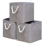 Yawinhe Foldable Storage Basket 3 Pack, Collapsible Linen Fabric Storage Bins with Rope Handles, Wardrobe Organiser, for Sorting Clothes, Family Items, 28x28x28cm, Grey, SNK004GS