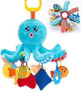 hahaland Baby Toys 0-6 Months - Car Seat Toys Octopus Toy with Pulling Cords, Squeaky, Crinkle, Rattle, Mirror - Montessori Developmental Newborn Sensory Stroller Toy 2 3 4 Month Babies Gifts