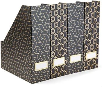 Set of 4 Stylish Black and Gold Geometric Magazine File Holders with Gold Label Holders for Desk or Bookshelf - Perfect for Classroom, Home and Office Organization and Storage and Decor by Blu Monaco