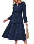 JASAMBAC Long Sleeve Maxi Dress, Wedding Guest Dresses Semi Formal Dresses Casual Dress V Neck Vitange Dresses A Line Cocktail Dresses Swiss Dot Pleated Boho Flowy Dresses Midi Dress Dark Blue