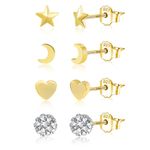 Gold Stud Earrings Set for Women, Small Heart Stud Set Hypoallergenic Sterling Silver Earrings Small Star Stud Small Piercing Moon Earrings Minimalist Small Cartilage Ball Cubic Zirconia Stud Girls