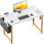 ODK Study Computer Desk 40 inch Home Office Writing Small Desk, Modern Simple Style PC Table with Storage Bag and Headphone Hook, White Marble + Gold Leg