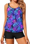 Yonique Womens Blouson Tankini Swimsuits Two Piece Strappy Bathing Suit Tops with Shorts Criss Cross Swimwear, Blue Purple Leaves, Medium