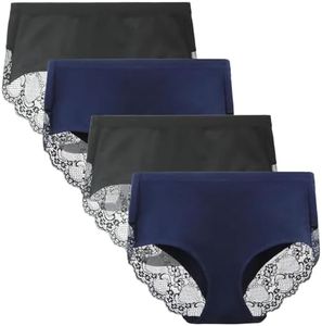 LIQQY Women's 4 Pack Combed Cotton Breathable High Rise Lace Full Coverage Brief Panty Underwear (XX-Large, Black/Navy Blue)