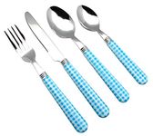 EXZACT Cutlery Set 24pcs Stainless Steel with Gingham Check Coloured Handles - 6 x Forks, 6 x Dinner Knives, 6 x Table Spoons, 6 x Tea Spoons (Blue x 24 pcs)