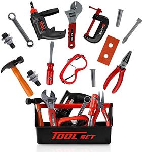 Playkidz Tool Box for Kids 22-Piece Boys & Girls Construction Toy Playset w/Carry Chest, Working Push Button Power Drill, Hammer, Screwdriver, Wrench, Pliers, Saw & Other Realistic Tools Ages 3+