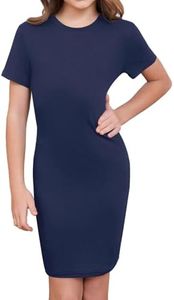 SHENHE Girl's Basic Short Sleeve Crew Neck Bodycon T Shirt Pencil Mini Dresses Deep Blue 12Y