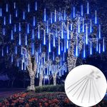 FaAmour Meteor Shower Lights Outdoor, 12 Inch 8 Tubes Christmas Lights Outdoor Waterproof LED Plug in Falling Rain String Lights for Xmas Tree Yard House Wedding Party Decor (Blue)