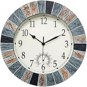 UMEXUS Outdoor Clock with Thermometer, 13 Inch Retro Large Waterproof Wall Clocks, Silent Non-Ticking Battery Operated Weatherproof Indoor Clock for Garden Patio, Pool, Lanai, Fence (Brown)