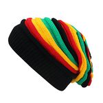 Unisex Jamaica Reggae Cap Rasta Slinky Beanie Multi-Colour Striped Slouchy Baggie Beanie Skullies Gorro Rasta Hat Black