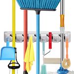 QOZWEID Mop and Broom Holder; Upgraded with Effective Strong Holding 5 Slot Position with 6 Hooks Garage Storage Up to 11 Tools Wall Mounted (5 SLOT BROOM)