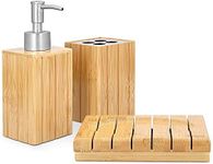 Navaris Bamboo Bathroom Accessories Set - 3-Piece Bath Set with Toothbrush Holder, Liquid Soap Dispenser, Soap Dish - Bath Accessory Trio 3 Pieces