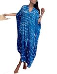 Bsubseach Women's Stylish Blue Tie Dye Swimsuit Cover Ups Plus Size Button Up Beach Kaftan Shirt Dress