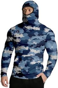 Hooded Sun Shirts for Men - Fishing Hoodies for Men with Hood & Face Mask & Thumb Hole Camouflage Print Long Sleeve UV Protection Shirt Men Breathable Rash Guard Shirt - Hiking,Fishing,Camping,Travel