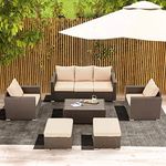 DEVOKO 6 Piece Patio Dining Table with Otomans Outdoor Furniture Sofa HDPE Rattan Wicker Conversation Set for Garden, Balcony, Poolside (Dark Brown and Cream)