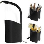 Black Travel Makeup Brush Holder, FIYUK Pencil Pen Case Organizer Bag Cosmetic Zipper Pouch Portable Waterproof Dust-Free Stand-Up Toiletry Stationery Bag with Divider