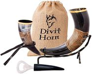 Divit Genuine Viking Drinking Horn, Horn Shot, Bottle Opener (3 Pc. Set) | Authentic Medieval Beer Horn Tankard | Horn Cup/Stein | Burlap Gift Sack Included. (16 oz, Jarl, Polished)