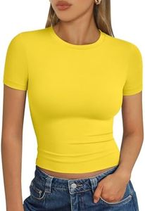 Trendy Queen Womens Basic T Shirts Scoop Neck Short Sleeve Crop Tops Slim Fit Summer Tees Y2k Clothing 2025 Yellow S