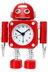 Betus Non-Ticking Robot Alarm Clock Stainless Metal - Wake-up Clock with Flashing Eye Lights and Hand Clip (Ruby Red)