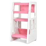 COSTWAY Kids Step Stool, Height Adjustable Toddlers Kitchen Helper Stand with Double Safety Rails, Standing Learning Tower for Boys Girls (Pink)