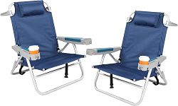 REDCAMP Folding Beach Chairs for adults set of 2 with 5 Position adjustable, Aluminum Lightweight Backpack Low Beach Chair with Cup Holder and Pillow for Sand Concert,Navy Blue