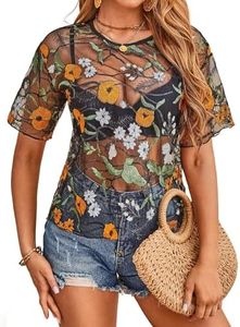 MakeMeChic Women's Summer Short Sleeve Tops See Through Mesh Sheer Sexy T Shirt Blouse Black All Over Print Small