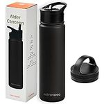 Retrospec Alder Insulated Water Bottle with Straw Lid & Handle Cap - Stainless Steel Wide Mouth Double-Wall Vacuum Insulated Thermos - BPA Free Leakproof Canteen - Black, 22oz