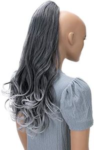 CAISHA 24" Long Hair Clip On Ponytail Extension Heat-Resistant Synthetic Hairpiece Slightly Wavy Gray Black Mix H505
