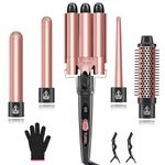 5 in 1 Curling Iron Set with Curling Thermal Brush and 4 Interchangeable Ceramic Curling Wand (0.35-1.5 Inch), 3 Barrel Hair Curling Iron Wand with Glove & 2 Clips