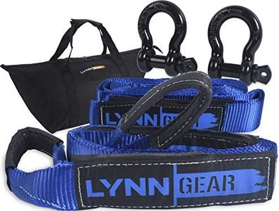 LYNN GEAR - 2PK Tow & Recovery Strap (32,000+ LB Break Strength) & D Ring Shackle Combo Kit | (1) 10' Strap, (1) 30' Strap, (2) Shackles & HD Tote | Vehicle Hauling, Offroad, Pickups & Trucks (Blue)