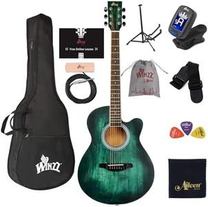 WINZZ HAND RUBBED Series - 40 Inches Cutaway Acoustic Acustica Guitar Beginner Starter Bundle with Online Lessons, Padded Bag, Stand, Tuner, Pickup, Strap, Picks, Dark Hunter Green
