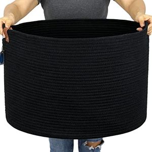 Casaphoria XXXLarge Cotton Rope Basket for Living Room - Woven Storage Basket with Handle for Blankets, Towels and Pillows Laundry Hamper | Dark Black (21" x 21" x 13.8")