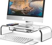 DeskLogics Computer Acrylic Monitor Stand Riser with Storage - Larger Size Single Clear PC Desktop Monitor Holder for Desk, Keyboard Storage, Laptop, TV Screen, Home, Office, Gift Ideas