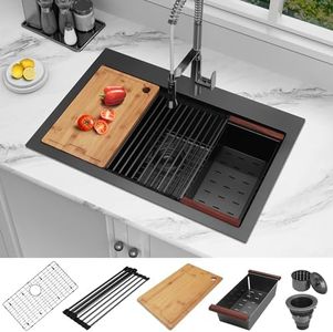 MONSINTA Kitchen Sink, 33" x 22" Black Kitchen Sink, Drop In Kitchen Sink, Stainless Steel Kitchen Sink, Single Bowl Kitchen Sink, Workstation Sink With Accessories, Top Mount Kitchen Sink