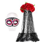 Day of The Dead Headband for Women, Mexican Rose Floral Crown Veil with Dead for Costume Halloween Party (With Mask)