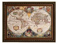 ELITEART-Old Vintage World Map Oil Painting Reproduction Giclee Wall Art Canvas Prints-Framed Size:39" x 28"