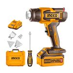 INGCO 20V Cordless Heat Gun, 30-550℃ Adjustable Temperature (LCD Display) with 100/200 L/min Airflow, 5.0Ah Battery, Charger & 4 Nozzles + Scraper for DIY & Professional Use