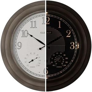 CLXEAST 24 Inch Self-Illuminated in/Outdoor Atomic Wall Clock with Temperature and Humidity, Oversized Large 24 Inch Wall Clocks for Living Room Decor, Brushed Grey Oak Wooden Finish