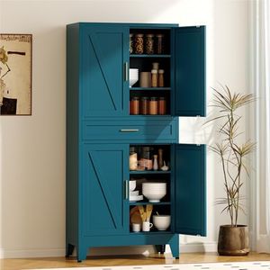 COFaR 71" Pantry Cabinet with Drawer, Peacock Blue Storage Cabinet with Adjustable Shelves, 3-Section Modern Statement Cupboard for Kitchen & Bathroom