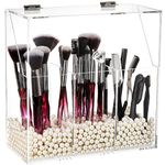 Okllen Makeup Brush Holder with Dustproof Lid, White Pearls, Acrylic Clear Makeup Brush Organizer with 3 Compartment, Large Cosmetic Brush Storage Box Case for Vanity, Bathroom, Bedroom