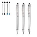 2 in 1 Bling Crystal Diamond Pen 3 Pieces Capacitive Touch Screen Stylus with Replacement Refills Black Blue Ink Rubber Tips for iPhone iPad Kindle Touchscreen Devices (Silver)