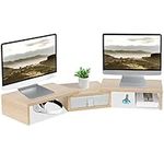 TEAMIX White Dual Monitor Stand Riser with Drawer - Length and Angle Adjustable Double Monitor Riser Corner Desk Shelf Organizer 37 inch Long Monitor Riser for 2 Monitors/Laptop/PC/Screen/TV (Maple)