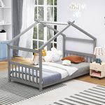 KOMFOTT Twin Wood House Bed for Kids, Low Profile Floor Bed Frame with Roof, Headboard & Footboard, Tent Bed for Toddlers, Boys & Girls, Wood Montessori Bed, No Box Spring Needed (Grey)