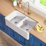 Davivy 33 Inch White Farmhouse Sink Double Bowl 50/50, 33x18 Fireclay Undermount Farm Sink Apron Front, Undermount Installation Deep Double Bowl Design