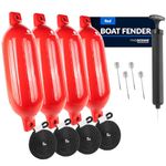 Five Oceans FO4541 Boat Fenders, 4 Pack Marine Red Inflatable Ribbed Boat Bumpers for Docking, 6.5x23 Inch with 4 Ropes Lines 3/8 Inch, Inflator Pump and 4 Needles