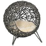 PawHut Rattan Elevated Cat Bed House Kitten Basket Ball Shaped Pet Furniture w/Removable Cushion - Silver-Tone and Grey