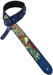 Walker And Williams KB-32 Skinny Series 2" Wide Cobalt Blue Premium Grain Leather Padded Guitar Strap With Hand Tooled Red And Gold Phoenix Design